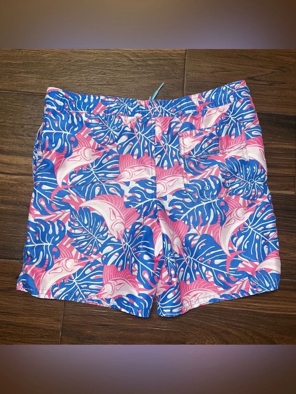 Vineyard Vines Boys Swim Trunks Small 8 10 Blue Pink Marlins Pockets